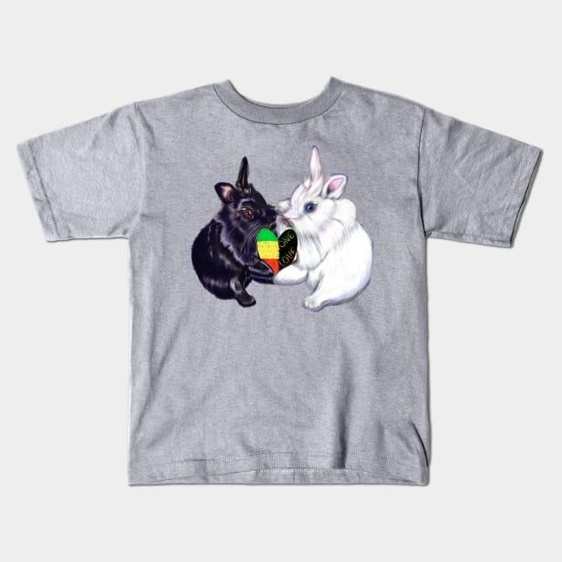 Reggae bunnies - bunny rabbits holding a love heart shape - pair of cute furry ebony and snow colored coloured lionhead bunny rabbit Kids T-Shirt by Artonmytee